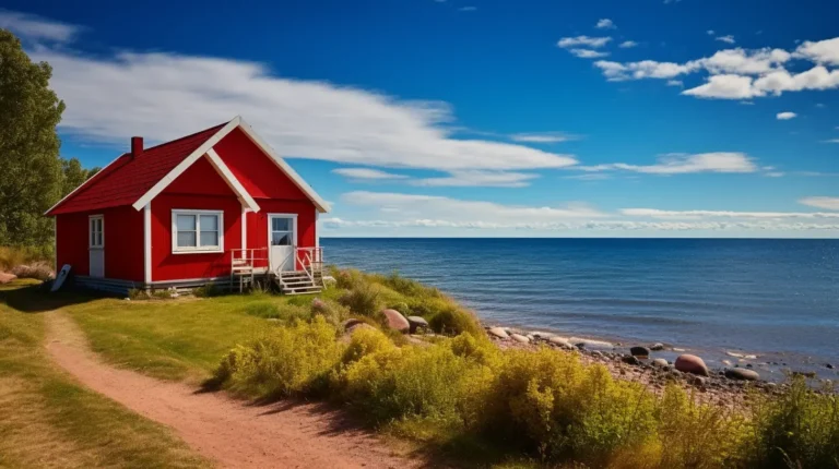 Rotes Ferienhaus am Meer, Strand, tolles Wetter, klarer Himmel